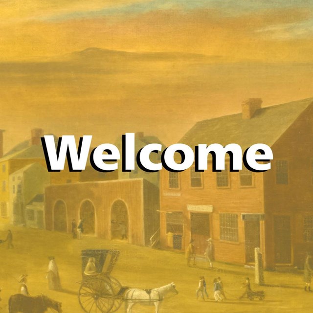 Historic painting showing people gathered around the dirt roads on union street