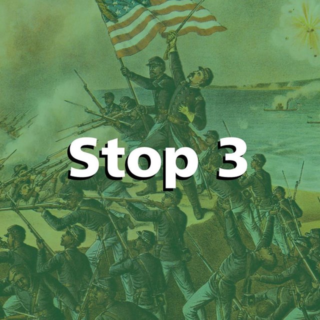 Green tint over historic etching of storming fort wagner.