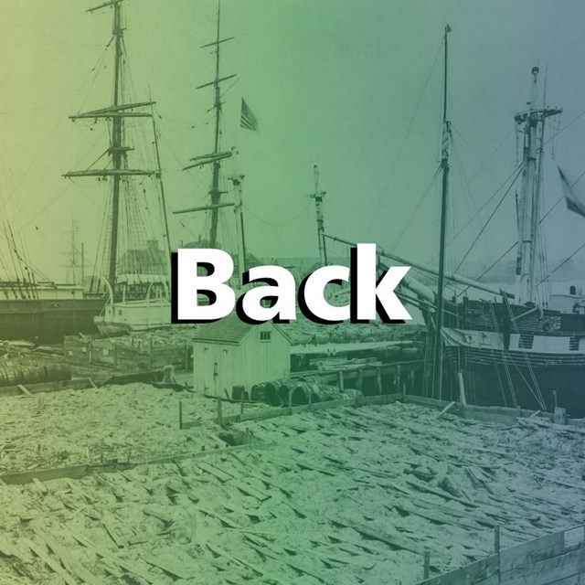 Colorful overlay over historic water front with whale oil barrels and whaleships