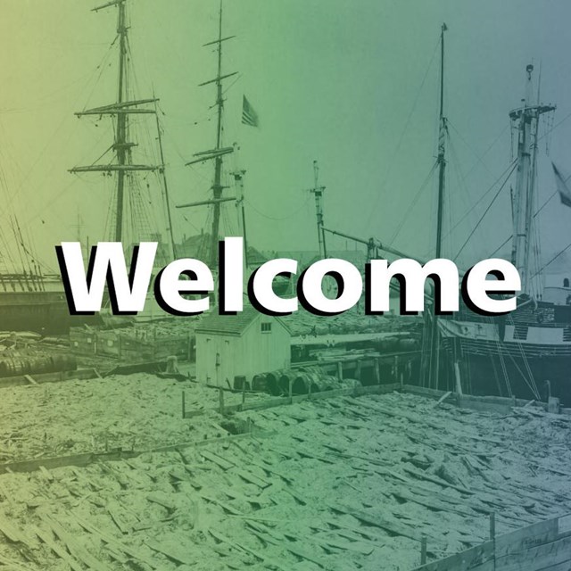 Colorful overlay over historic water front with whale oil barrels and whaleships