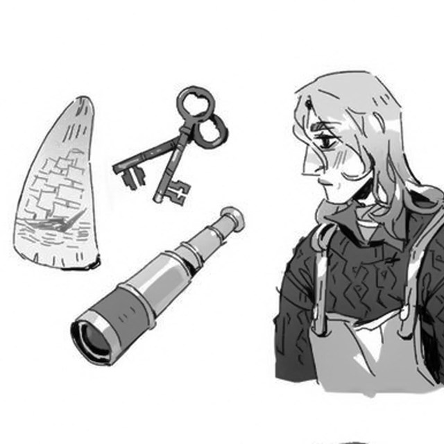  Black, gray, and white digital illustration of man looking at a scrimshaw, keys and a telescope