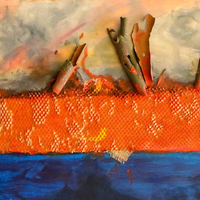 abstract sunset painting over water with gray, pink, yellow, orange, with small pieces of bark