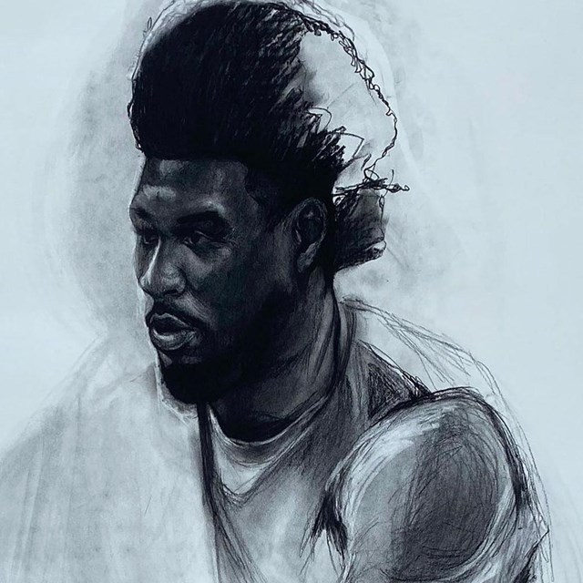 black and white charcoal sketch of a black man, from the chest up, with an afro hair style