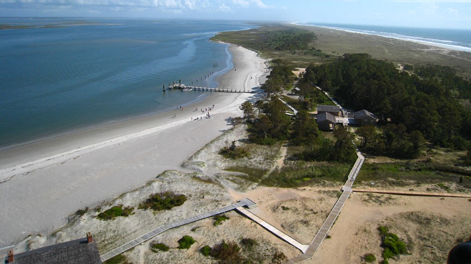 Aerial view of boardwalk on inland side of Atlantic shoreline.