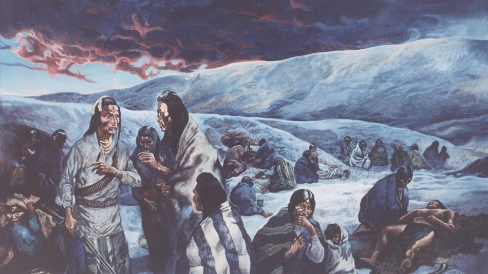 Painting of Nez Perce people in a snowy  landscape wit h foreboding clouds.