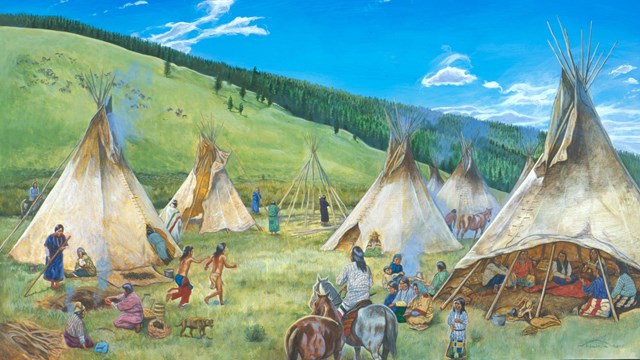 A painting that shows several tipis and Nez Perce men, women, and children.