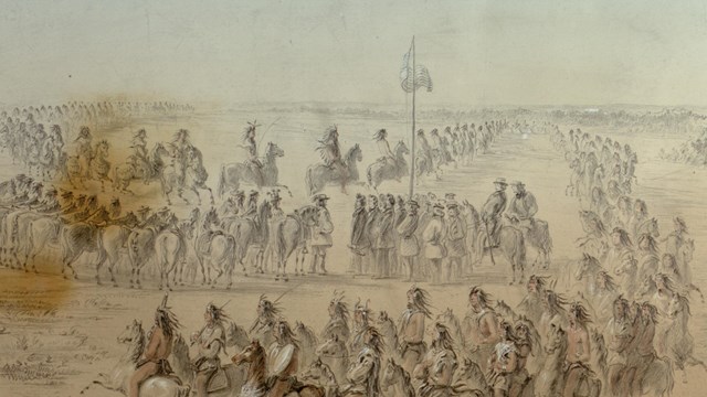 Watercolor painting depicting the arrival of the Nez Perce at Walla Walla Treaty May the 24, 1855.