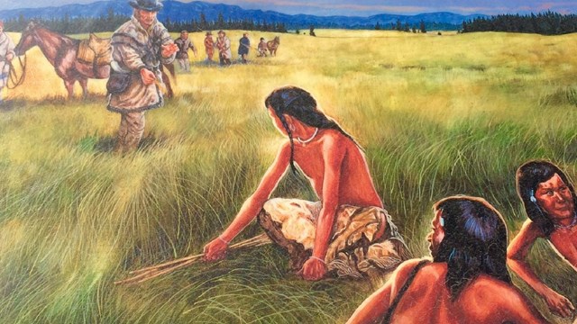 Painting from the Weippe Discovery Center depicting EuroAmerican explorers approaching Nez Perce.