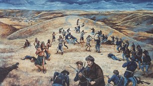 Painting depicting soldiers and Nez Perce warriors in battle.