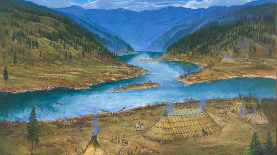 Historic drawing of a Nimiipuu camp at Canoe Camp