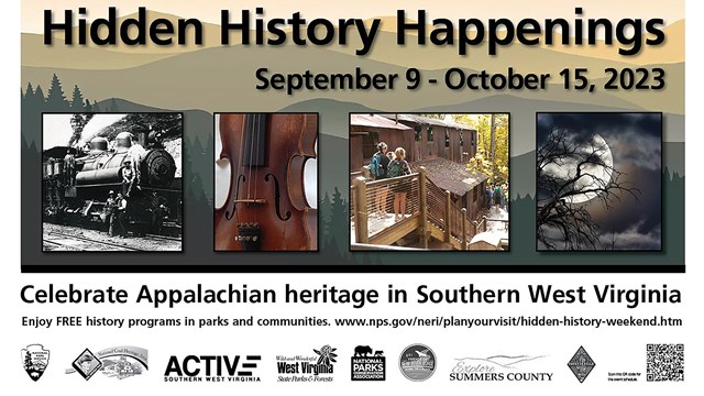 A poster with pictures of a train, violin, old building, and full moon on it.