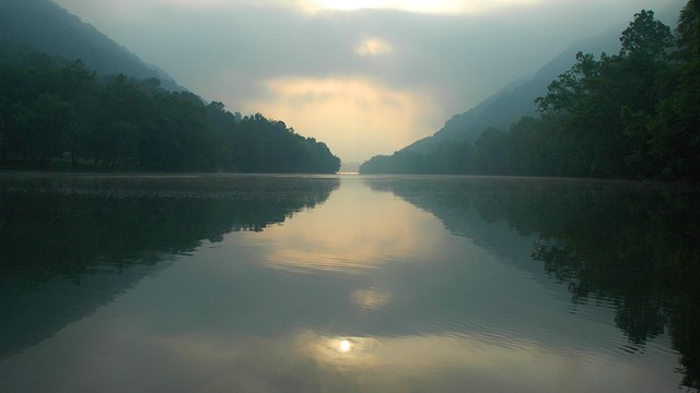 river with mist