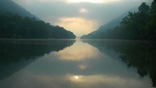 river with mist