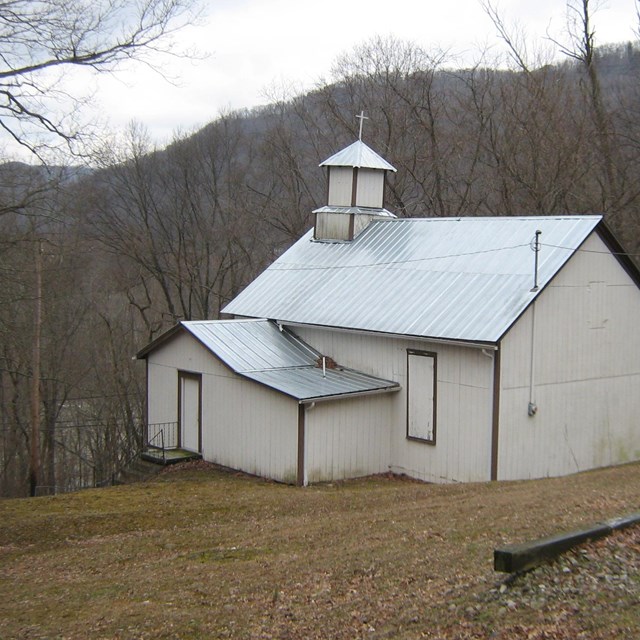 Old white church on a hillside
