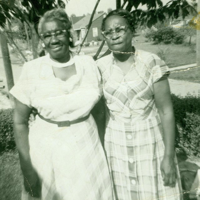 black and white photo of two women