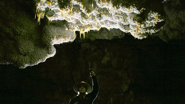 stalactites in a cave being illuminated by a flashlight held by a ranger below