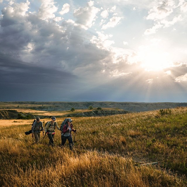 three staff hiking in wide open grassland under a dramatic sky
