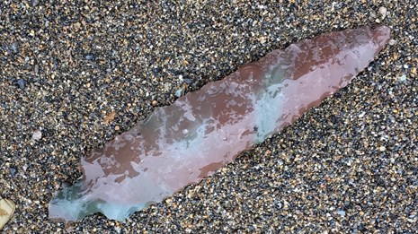 A red and gray stone arrowhead laying in the sand at Cape Krusenstern National Historic Landmark