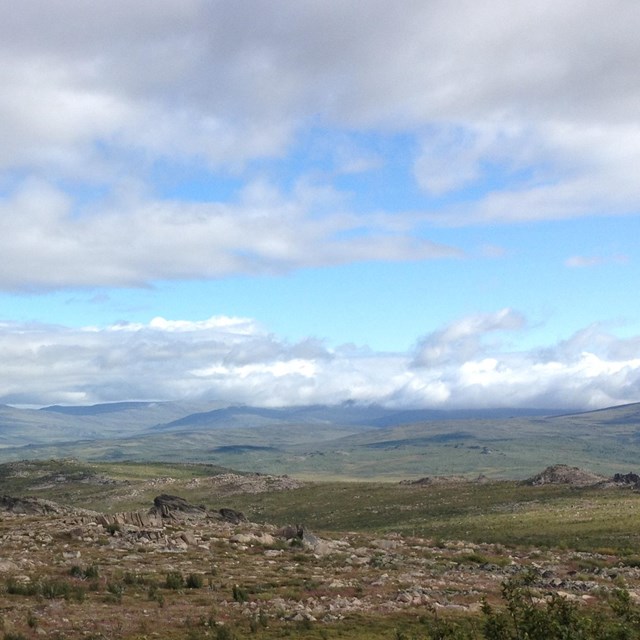 View of tundra and shrub landscape and scattered clouds in arctic Alaska.