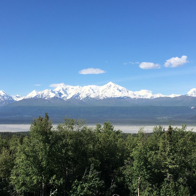 View from interior Alaska of the Wrangell Mountains on the southern horizon.