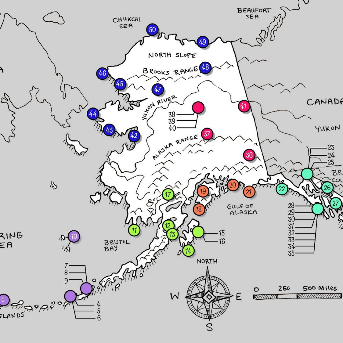 Hand drawn map of the Aleutian region of the state of Alaska.