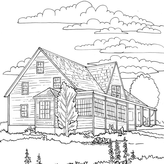 A line drawing of a two-story building with a partial gable roof in a yard with vegetation.