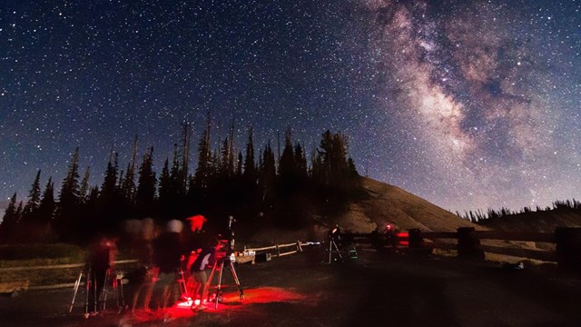 a group of people with telescopes and red lighting look up at a star filled sky and the milky way