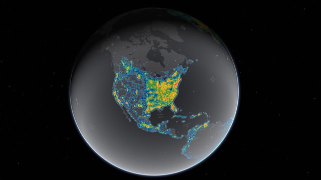 Bright areas on this map show sky glow from artificial light scattering into the atmosphere.