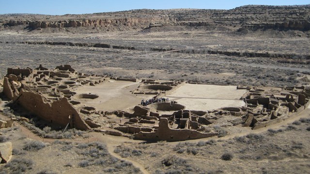 Aerial view of Pueblo Bonito settlement ruin at Chaco Culture National Historical Park
