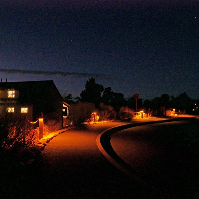 dark sky friendly lights along a street shields light down towards the ground