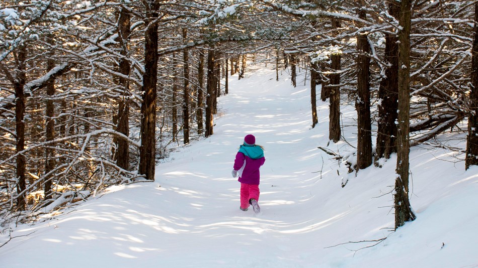 A child in snow clothes runs down a wooded snow covered path.