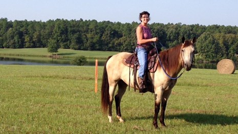 picture of is a buckskin horse with a female rider in a meadow