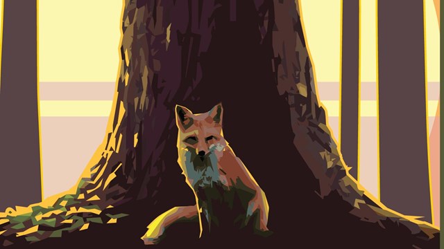 graphic of fox and large trees