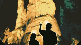 artwork of 2 silhouetted people wearing headlamps inside a cave