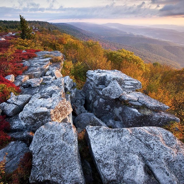 a rocky outcrop at sunset with fall colors painted across the landscape