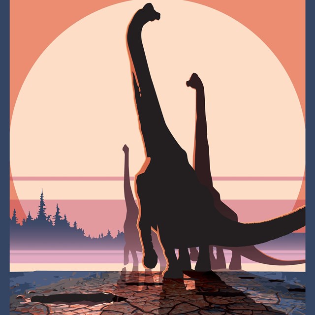 Graphic drawing of dinosaurs walking away leaving footprints