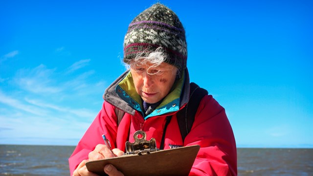 VIP Researcher in red coat collecting seabird data