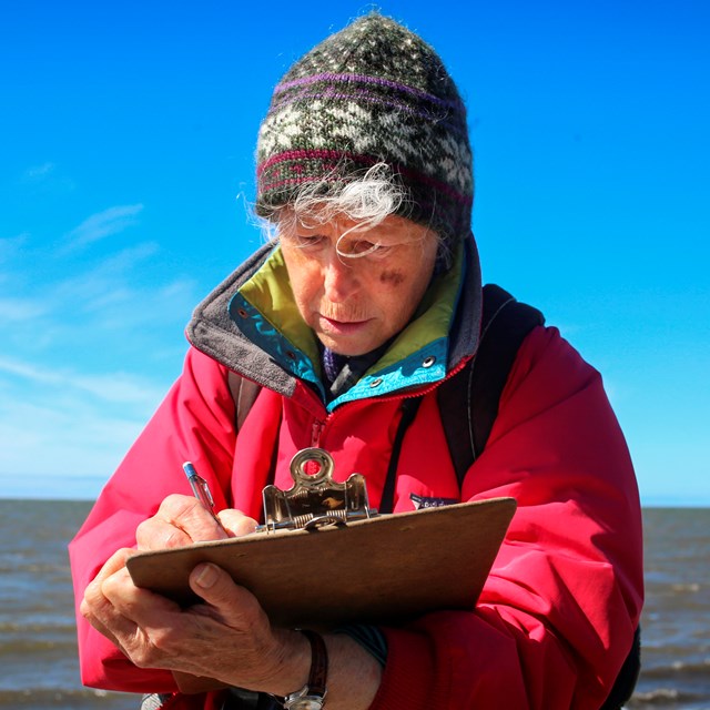 VIP Researcher in red coat collecting seabird data