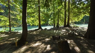 A shady campsite with wooden picnic table along a turquoise river