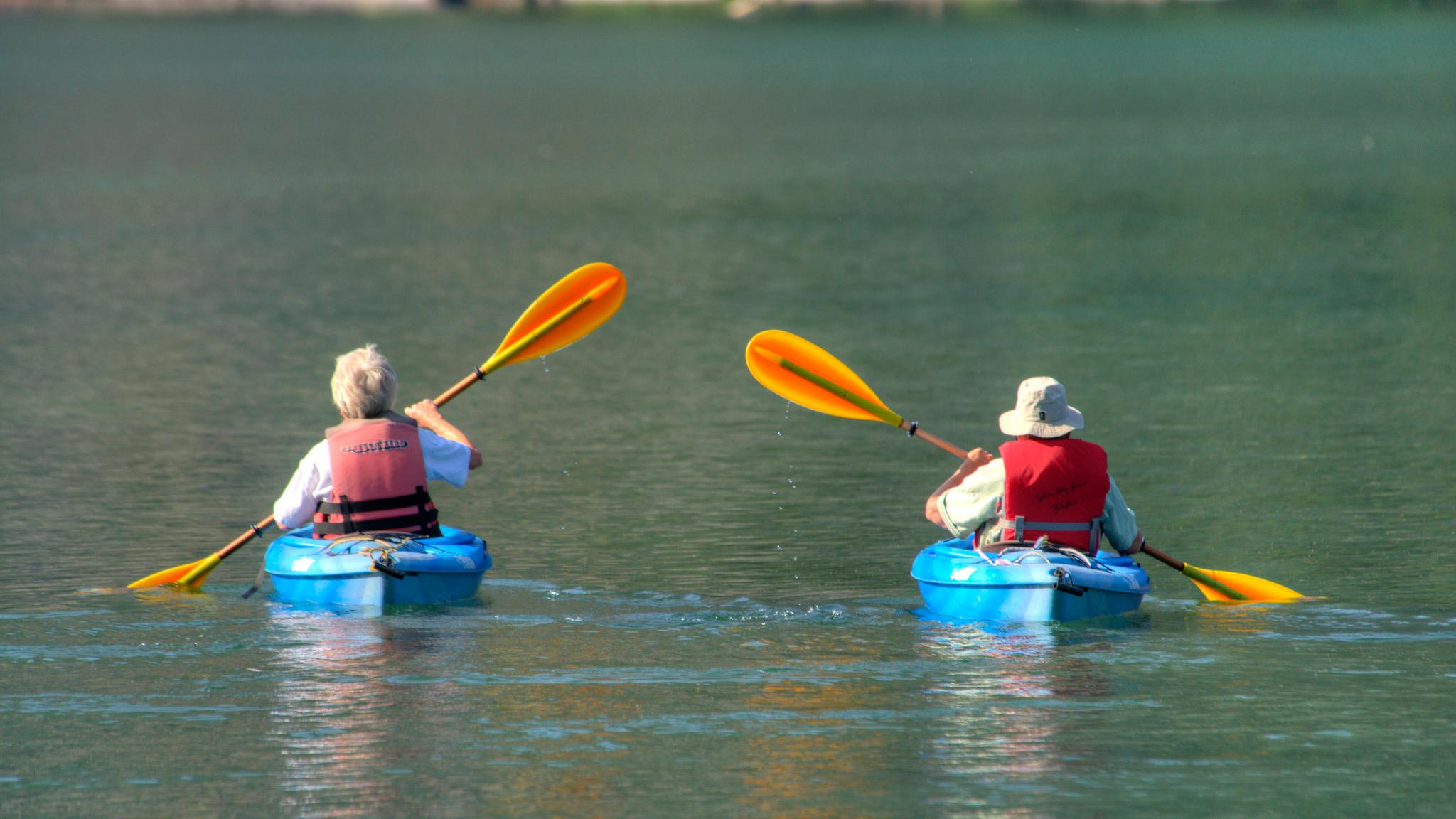 Two kayakers paddle on a lake.
