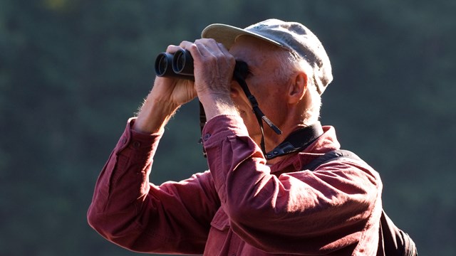 A man looks through binoculars.