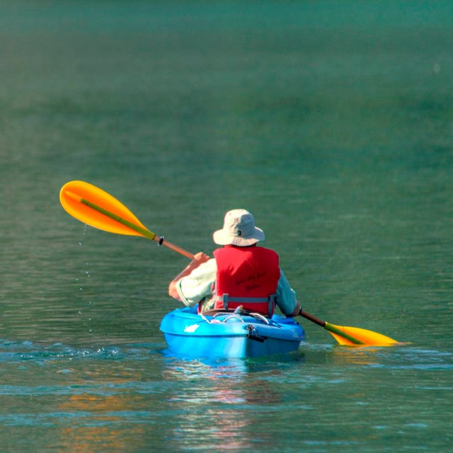 Two kayakers paddle on a lake.