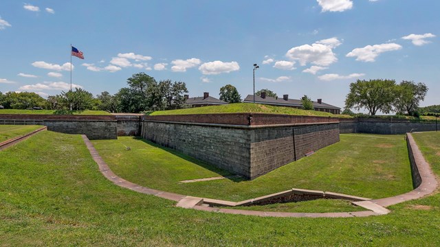 Fort Jay, one of two historic forts on the island, has a dry moat.