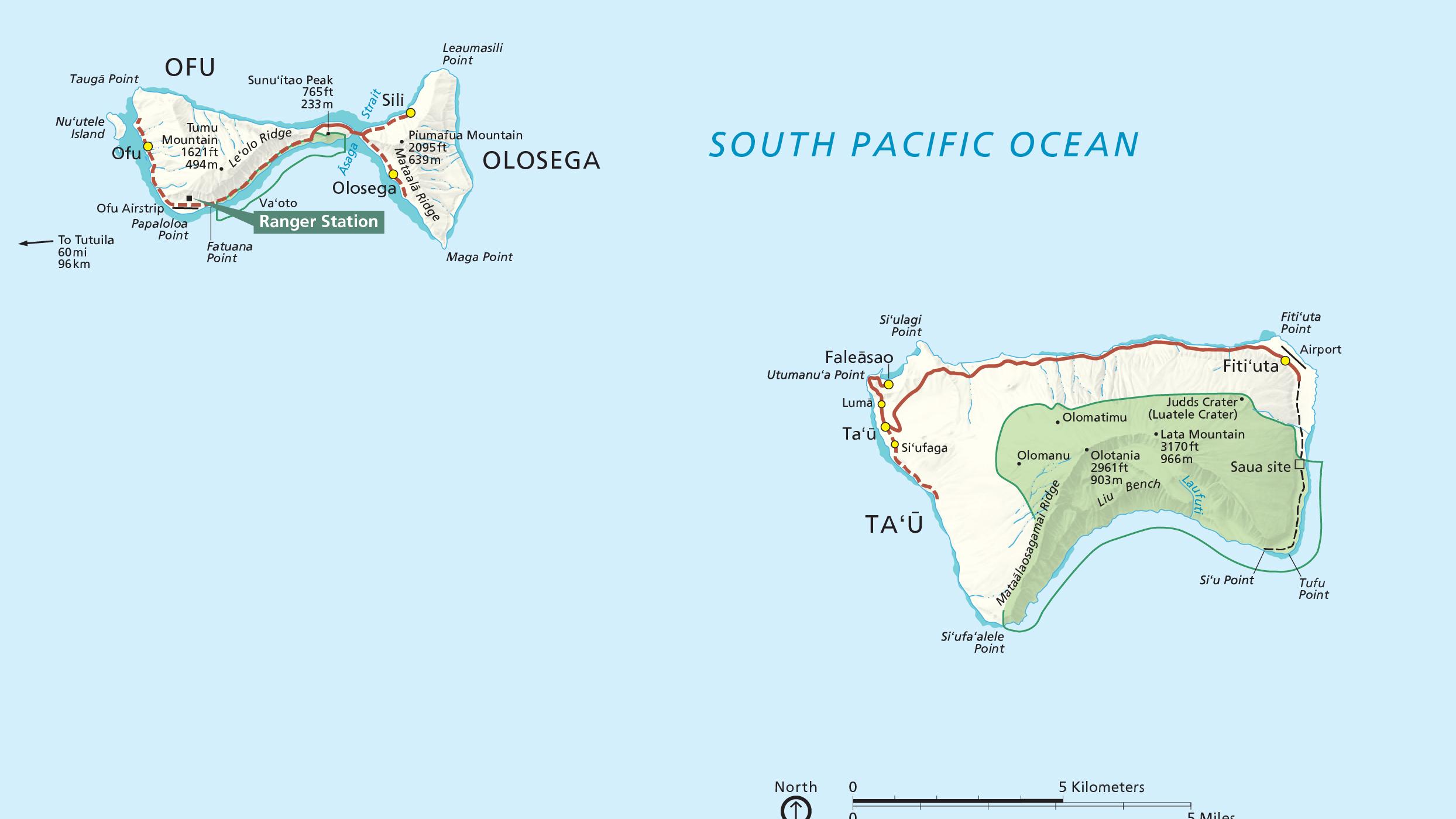 Map Graphic; light blue ocean background with two small islands and titled "South Pacific Ocean."