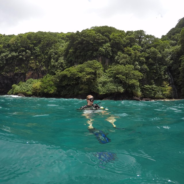 Outdoors; half in water, diver in center at surface, green cliff behind.