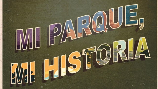 Postcard reading "Mi Parque, Mi Historia" with park images inside the letters