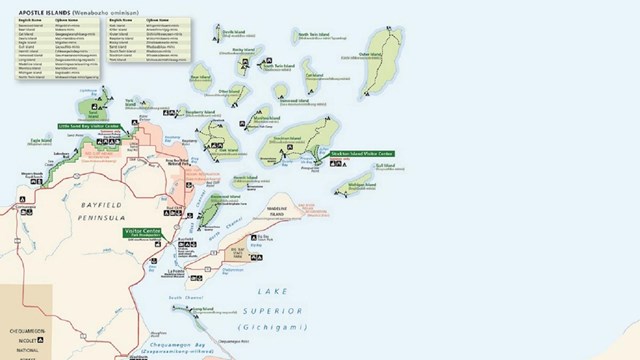 Map of Apostle Islands that includes English and Ojibwemowin place names