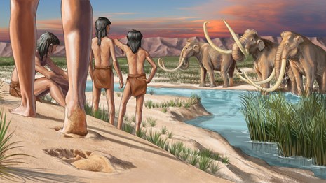 Painting of paleo Native Americans looking at wooly mammoths 