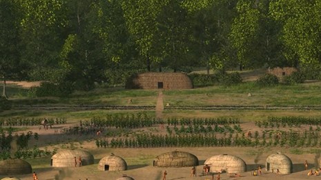 Painting of a Powhatan village with people interacting near homes and tending to crops