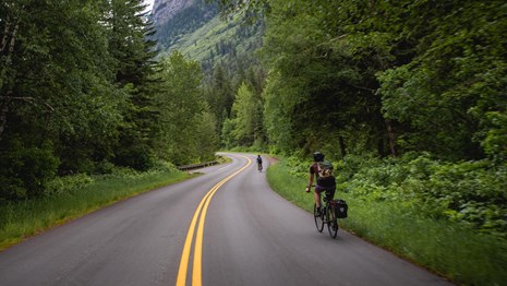 Bicyclist on a road through a forest near a mountain